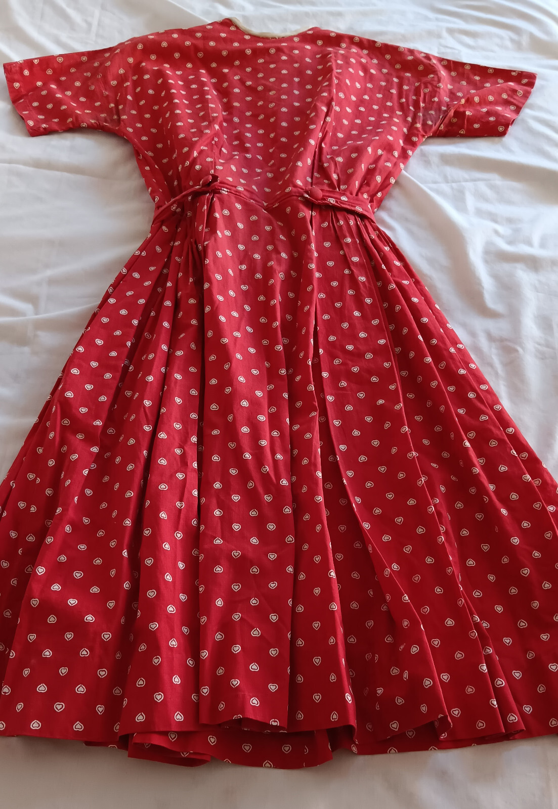 VINTAGE 1958 LANZ ORIGINALS SHORT SLV DRESS RED WHITE HEARTS SZ 6-8? WORN / GOOD