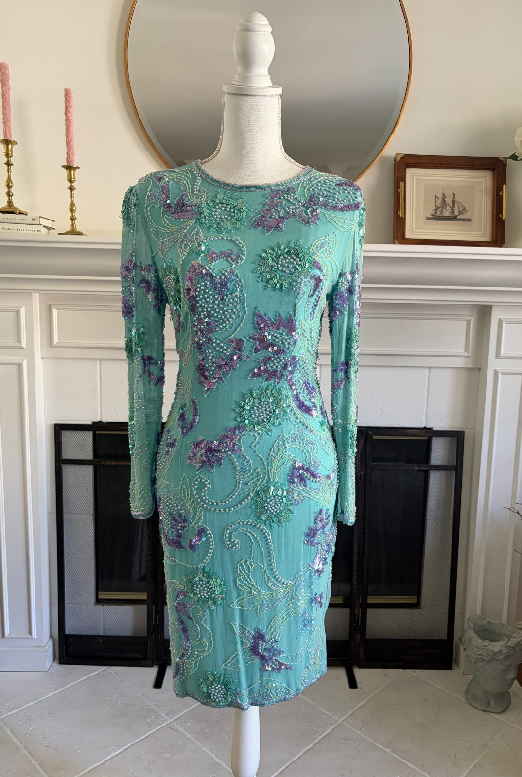 A. J. BARI VTG 100% Silk Blue With Purple Sequin Beaded Midi Art Deco Dress Sz S