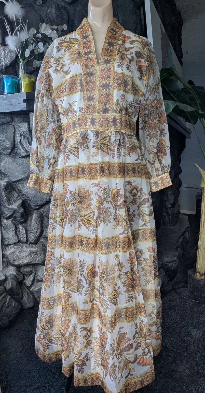 Avalon Classics VTG 1970’s Hostess Dress Maxi Empire Waist Sheer Floral Sz 12/14