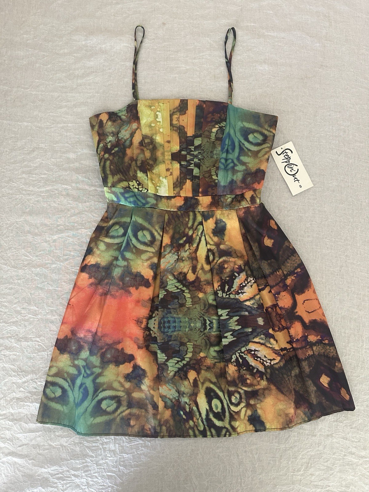 Vintage Stepping Out NWT Colorful Abstract Dress Size Small Spaghetti Strap