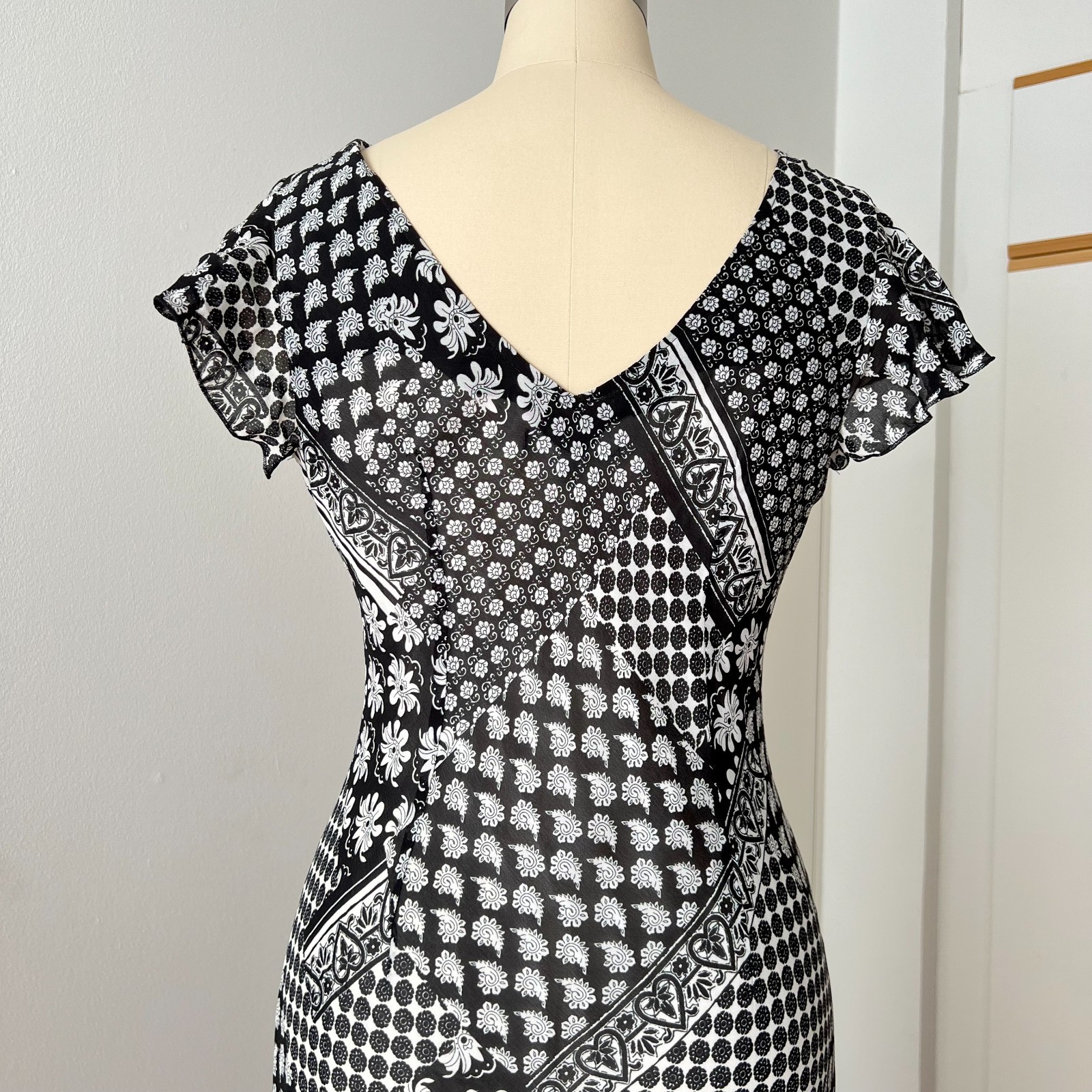 90s Bias Cut Graphic Print Midi Dress Y2K Flutter Sleeve V Neck Fairy Whimsygoth