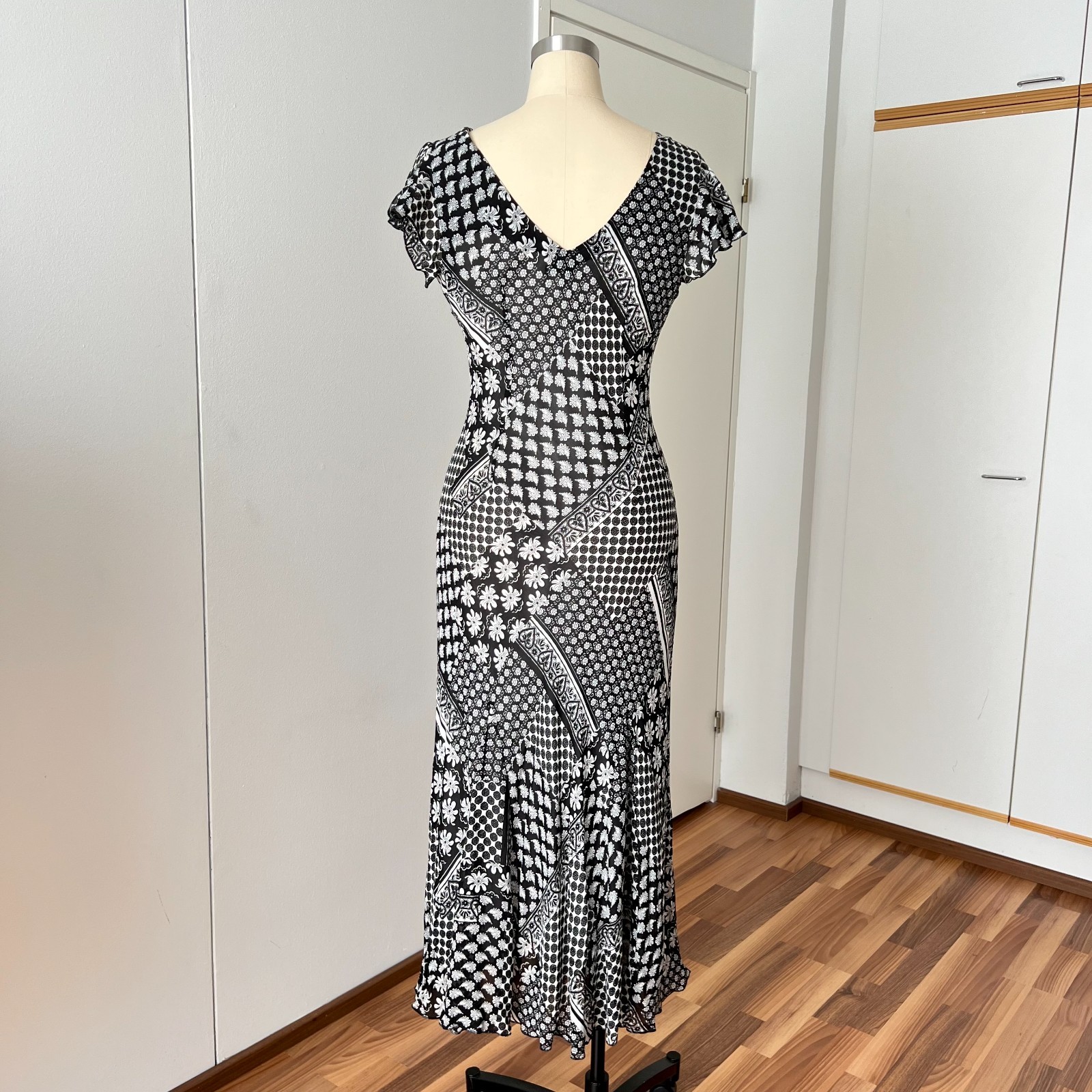 90s Bias Cut Graphic Print Midi Dress Y2K Flutter Sleeve V Neck Fairy Whimsygoth