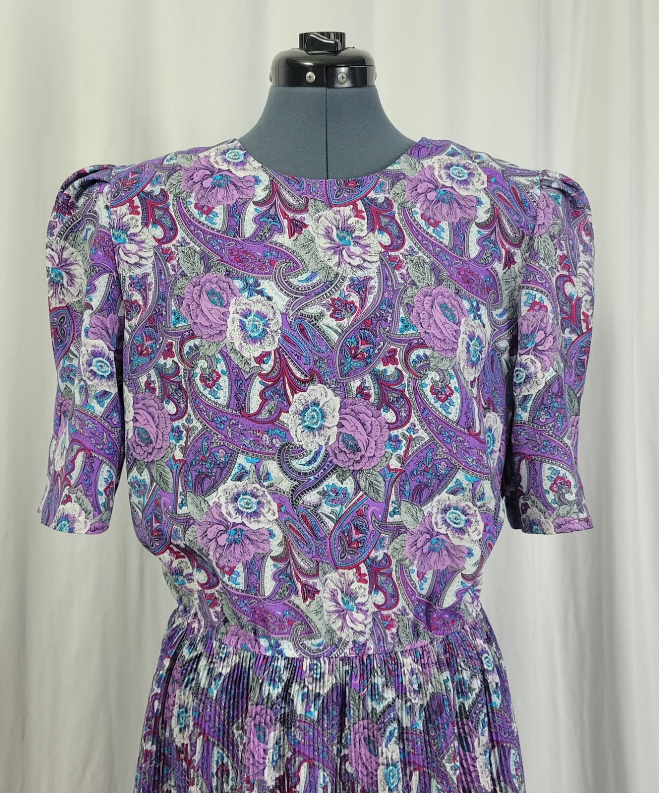 Vintage Lucy Pellini Purple & White Paisley Floral Print Blouson Dress Size 14 T