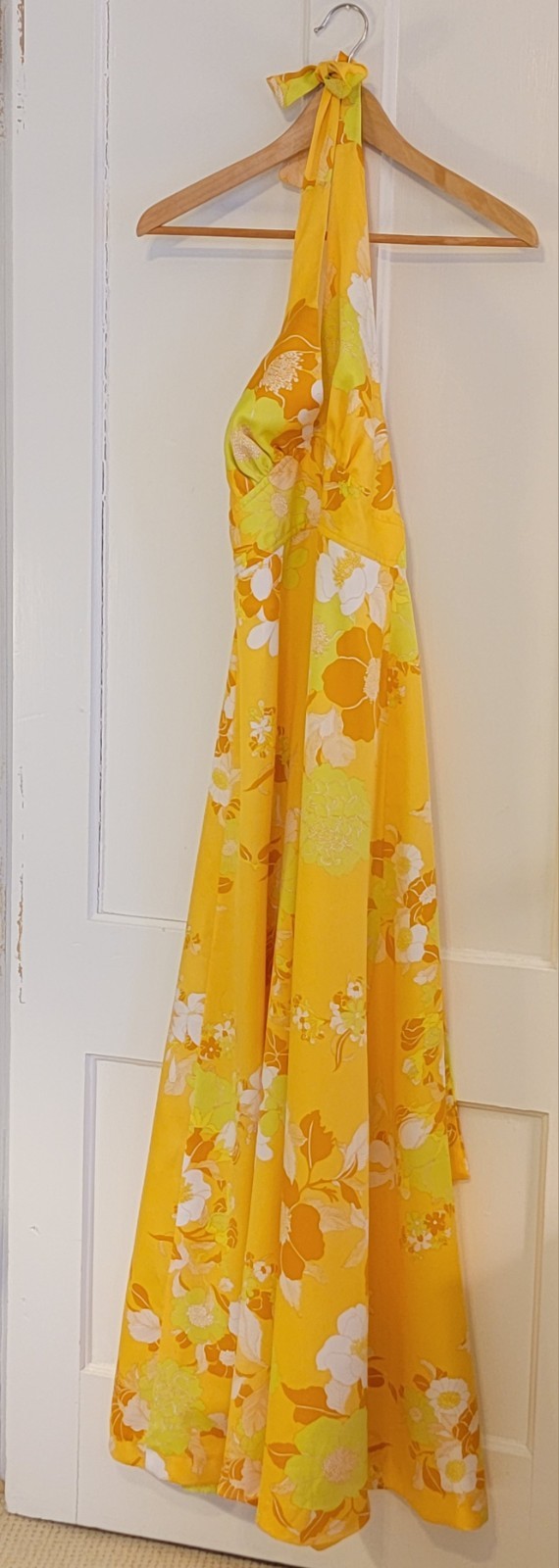 70s Vintage Sunny Yellow Summer Halter Dress With Open Back Ties & Zipper