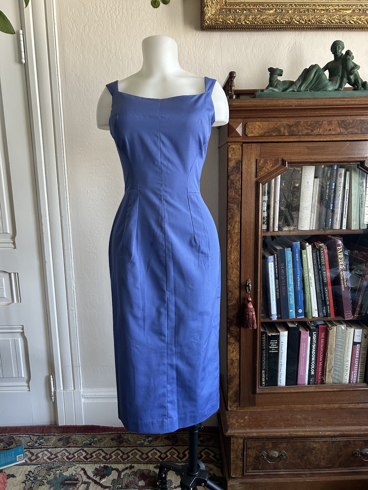 Vintage 1950s Bombshell Dress Blue Wiggle Cocktail Pinup Vixen 34-26-36