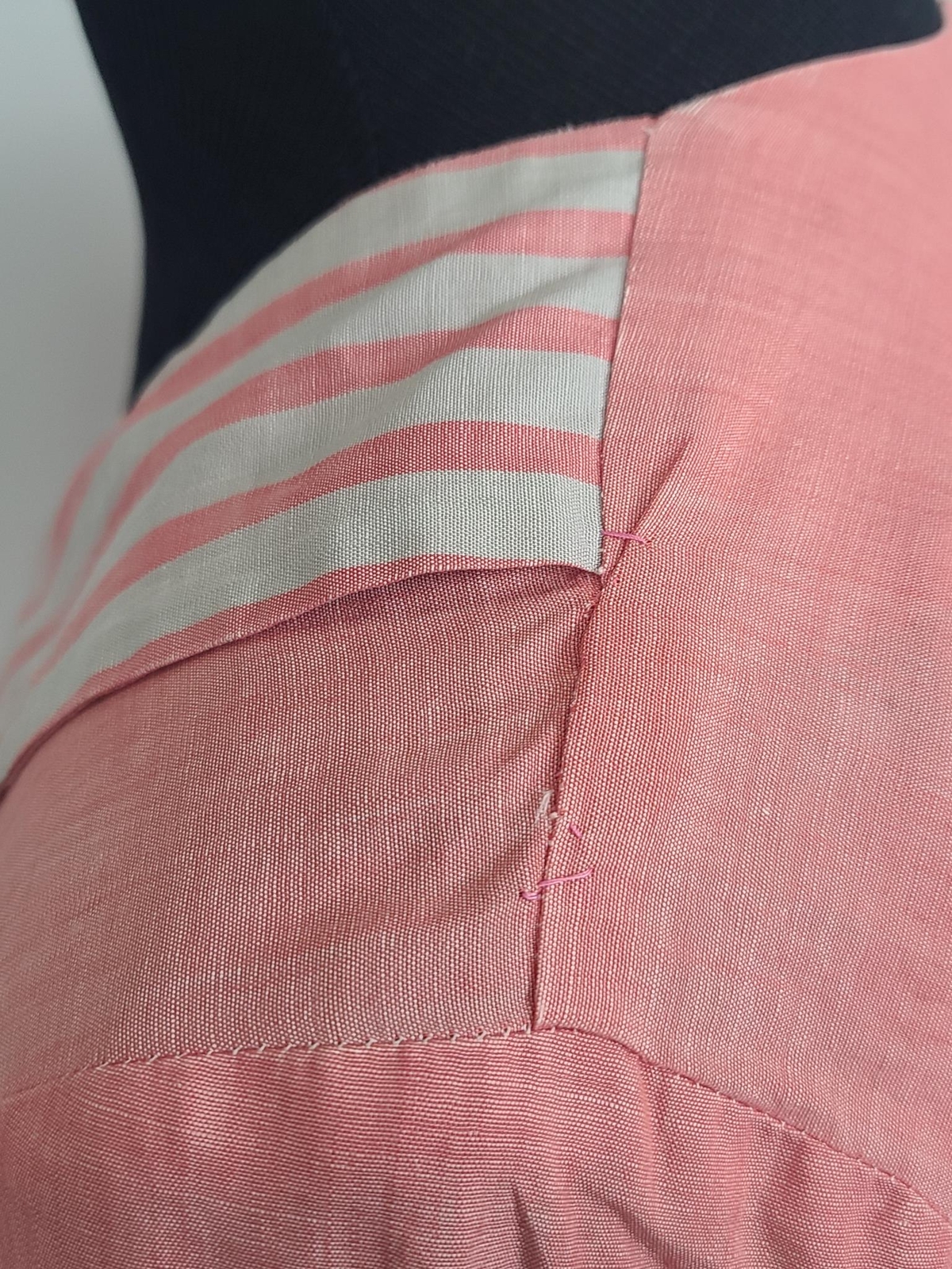 Vintage 1950s Pink Wrap Dress Gray Stripe Trim Jay Ann (B-39″ W-26″-30″ H-38″)