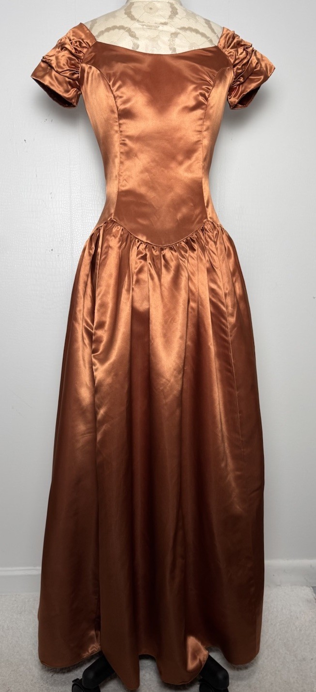 Vtg Copper Liquid Satin Off Shoulder Ball Gown Ruched Sleeve Formal Dress S