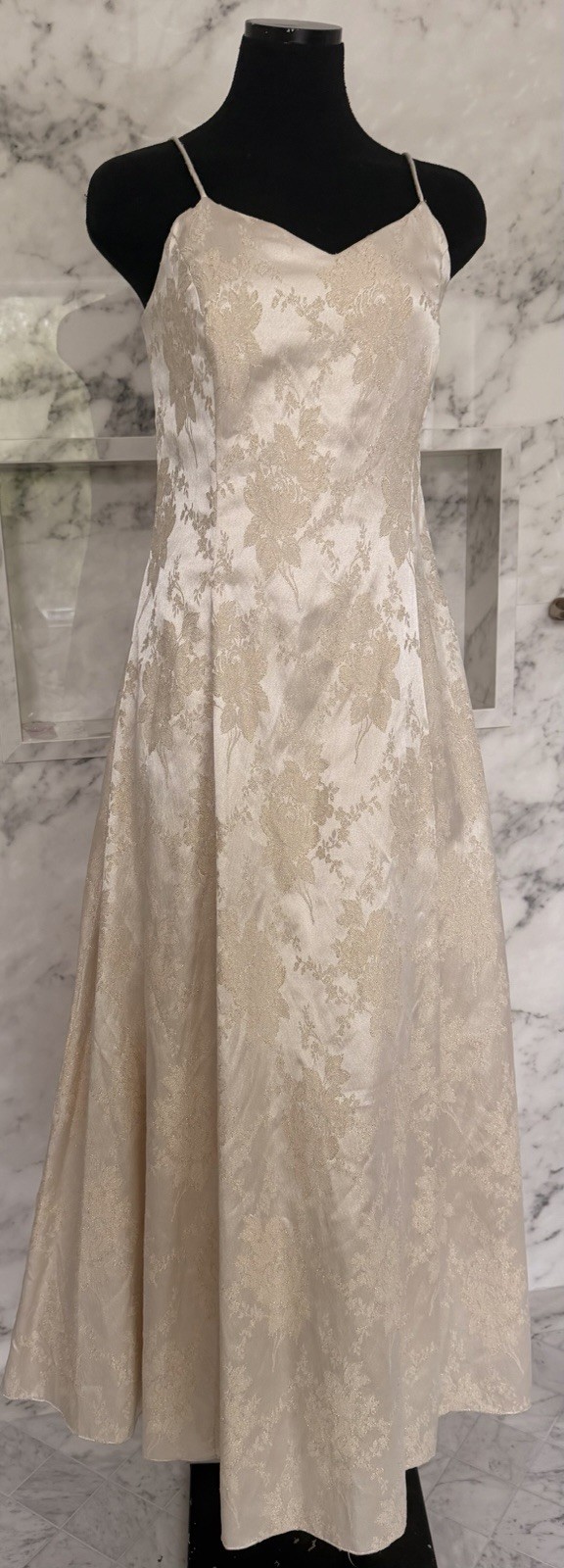 Vintage Dollar Ivory Gold Brocade Formal Dress Shawl Prom Wedding Gown Large USA