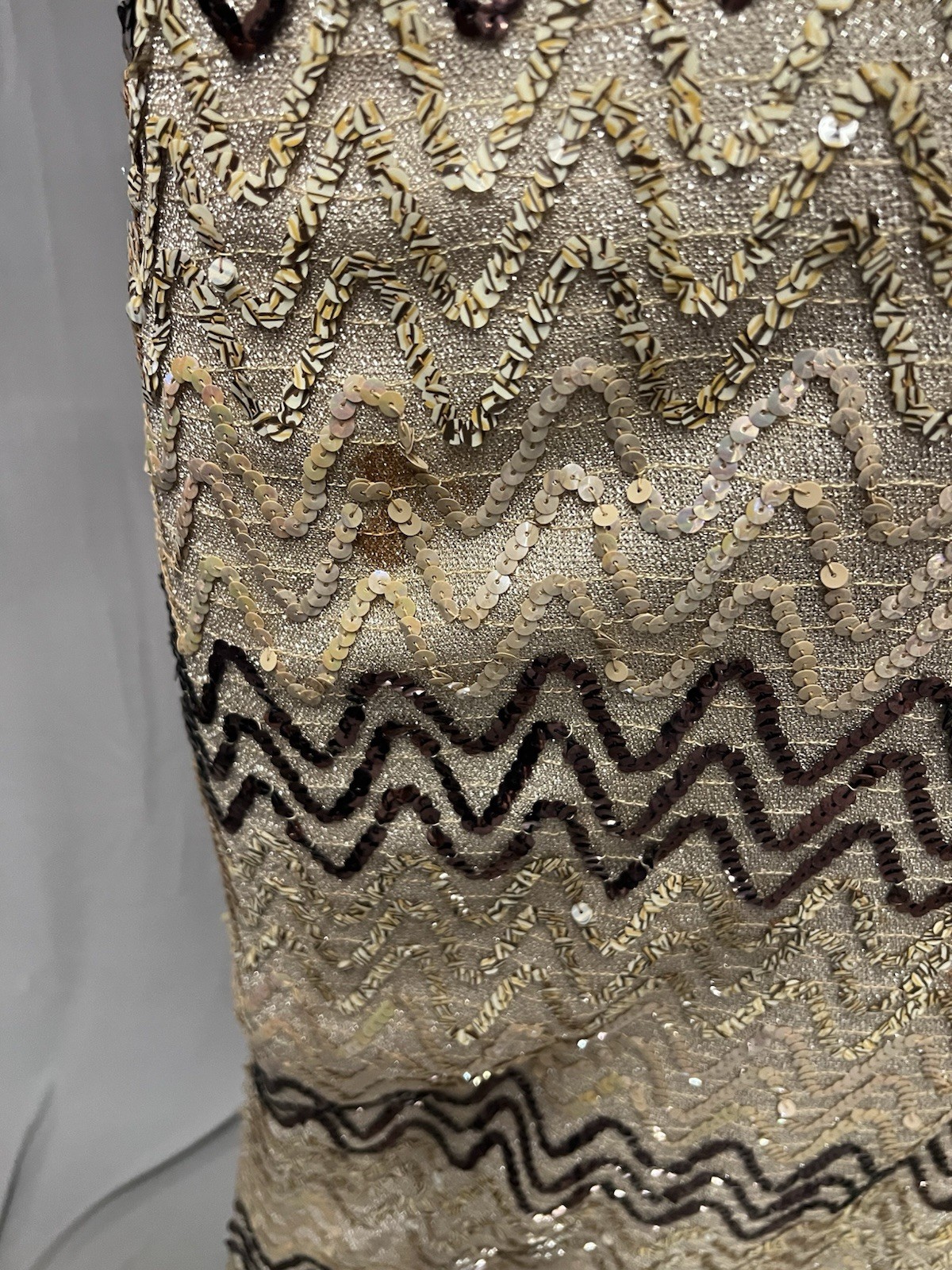 1960’s E Cramer Full Length Sequin Dress In Taupe, Gold & Dark Brown