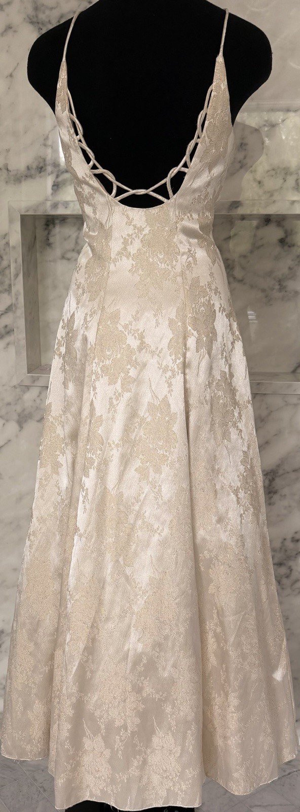 Vintage Dollar Ivory Gold Brocade Formal Dress Shawl Prom Wedding Gown Large USA