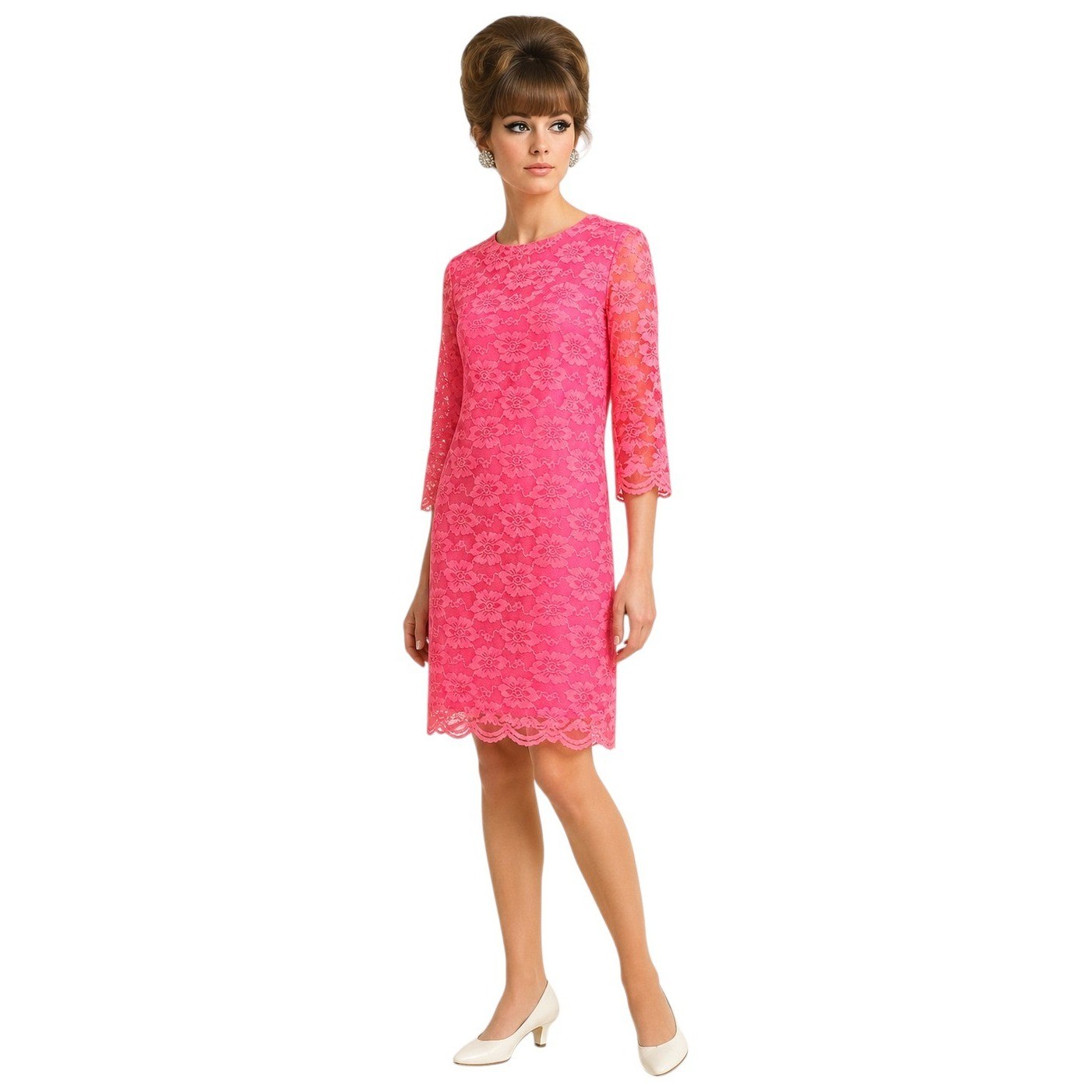 Vintage Womens Dress Floral Lace Sheath Size 15 Pink 3/4 Sleeve Metallic Flaw