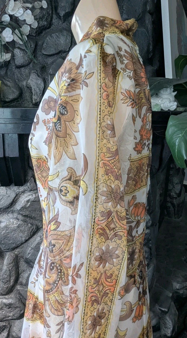 Avalon Classics VTG 1970’s Hostess Dress Maxi Empire Waist Sheer Floral Sz 12/14