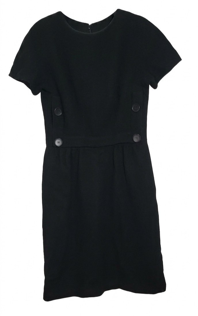 60s VTG Mod Black Wool Sheath Dress Mid Century Shift Pockets Metal Zip SM 4 6