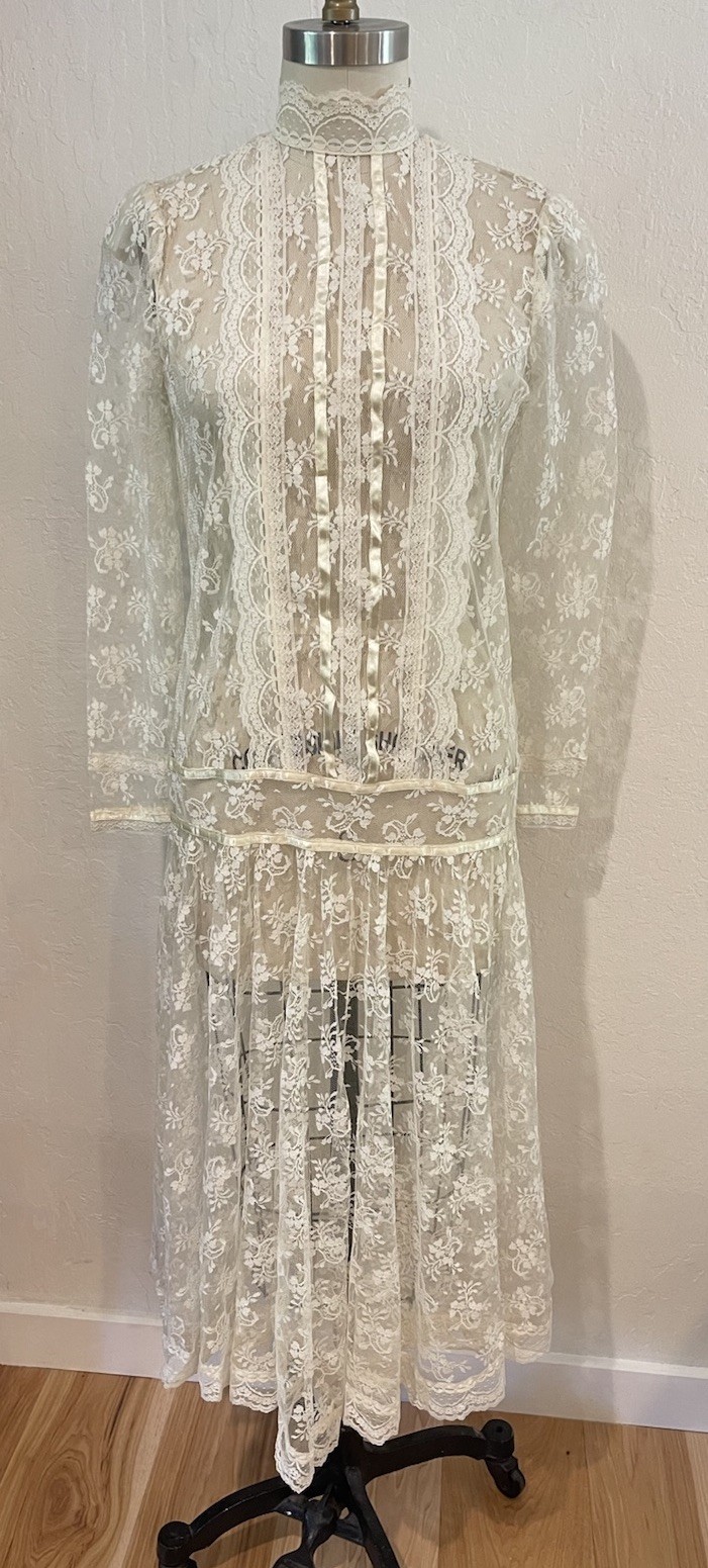 Vintage Ivory Lace Sheer Dress/Wedding/Evening/Prom/Formal Whimsy Bust 38”
