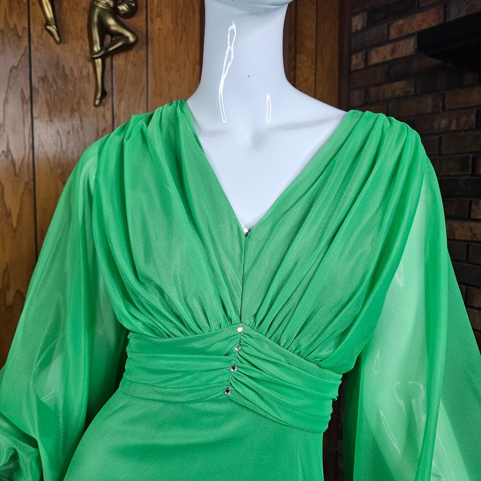 Vintage 60s Endora Sheer Lime Chiffon Cape Sleeves Bewitched Maxi Ball Gown S/M