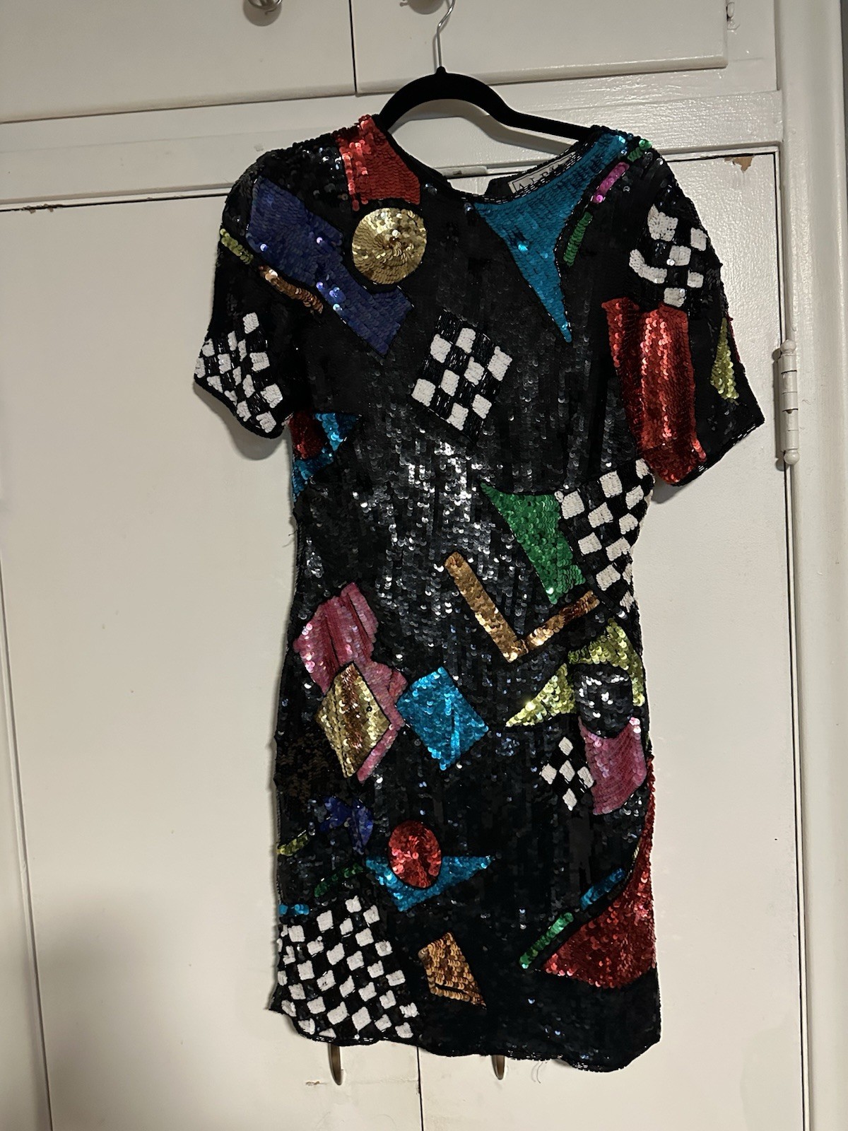 A.J. Bari Sheath Dress 100% Pure Silk Black Multicolor Size 6 Disco Party Rave