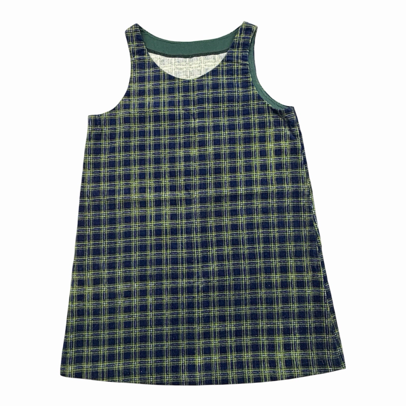 VTG 70s Green Navy Plaid Jumper Dress Sleeveless Shift Tartan Retro Mini Mod XS