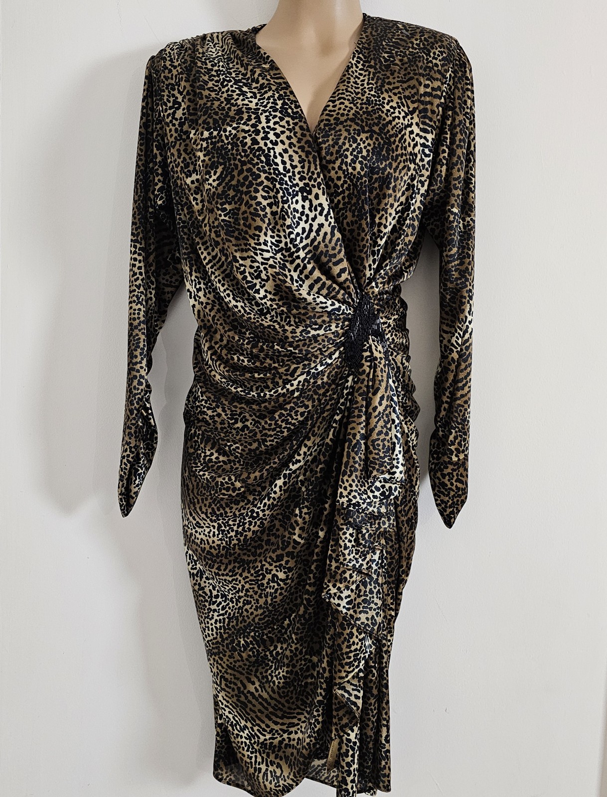 Vtg 80’s Silky Leopard Print Wrap Drape Dress Size 4/5 Shoulder Pads