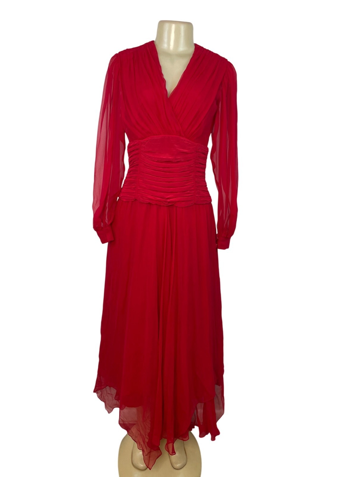 Vintage Red Long-Sleeve Chiffon Dress With Pleated Wrap Bodice Sz 10