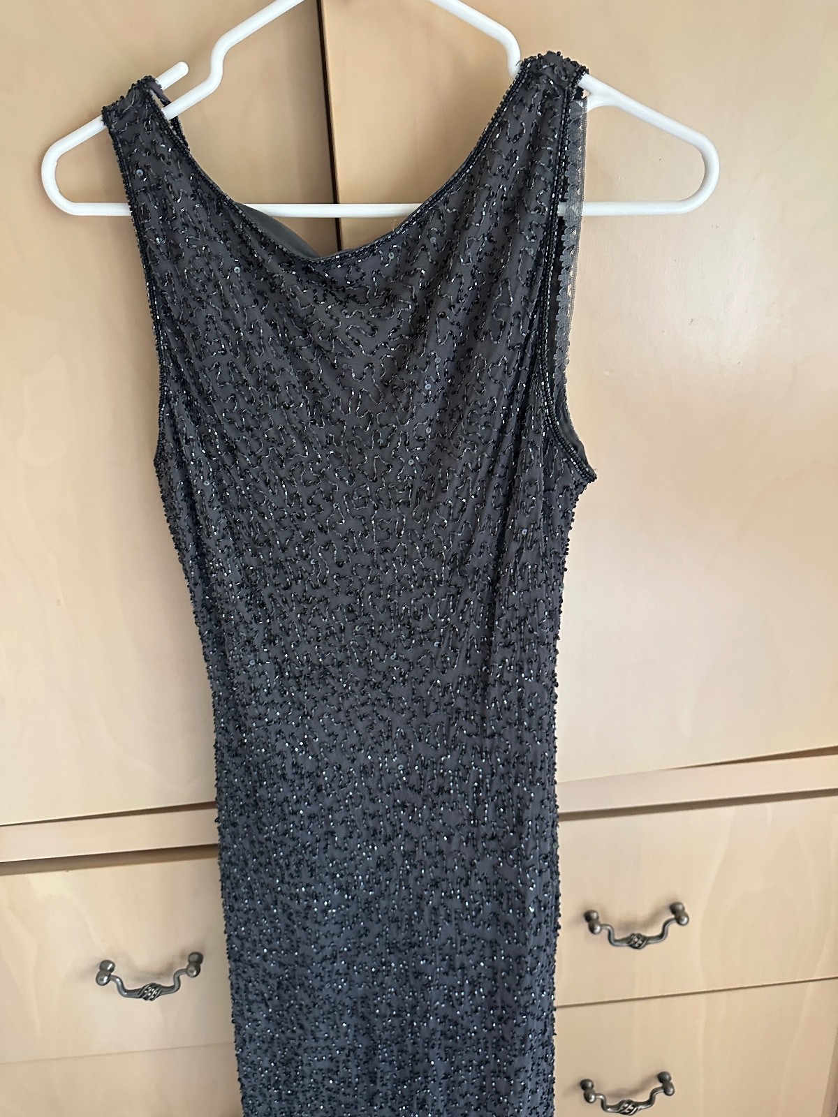 Vintage Stenay 100% Silk Fully Beaded Grey Maxi Dress 34-36″