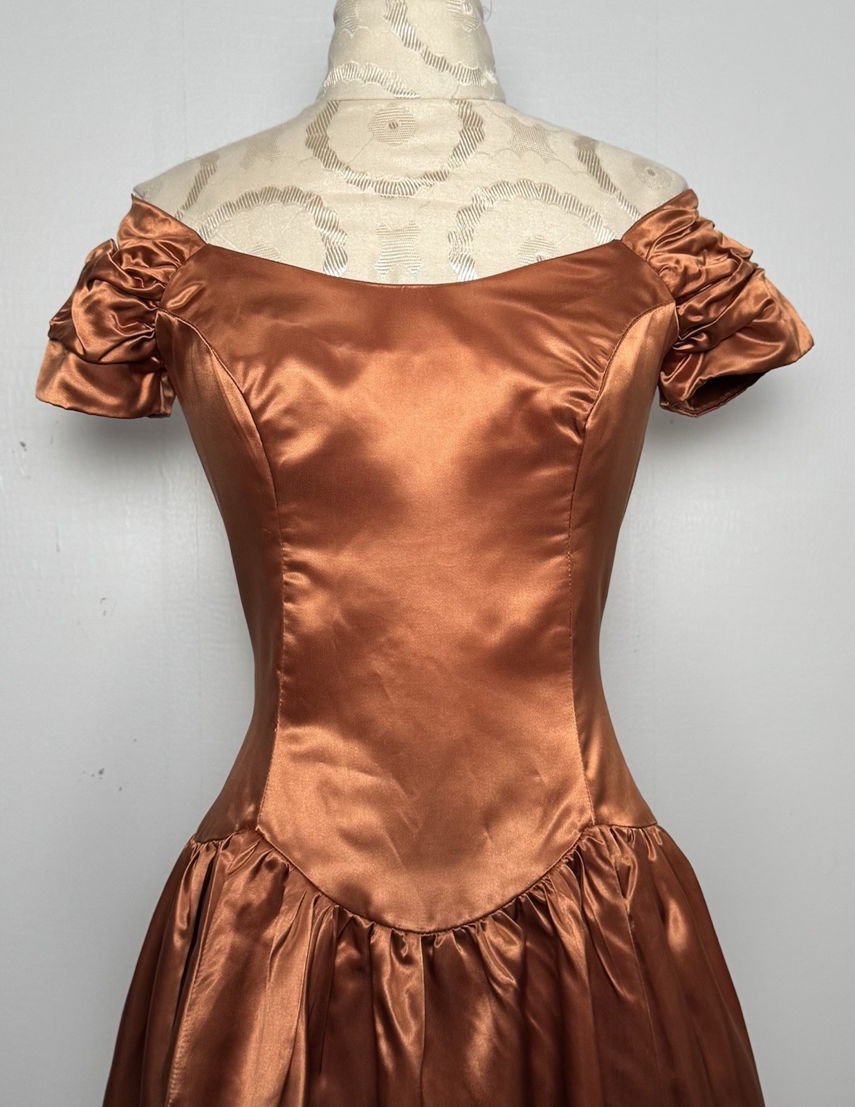 Vtg Copper Liquid Satin Off Shoulder Ball Gown Ruched Sleeve Formal Dress S