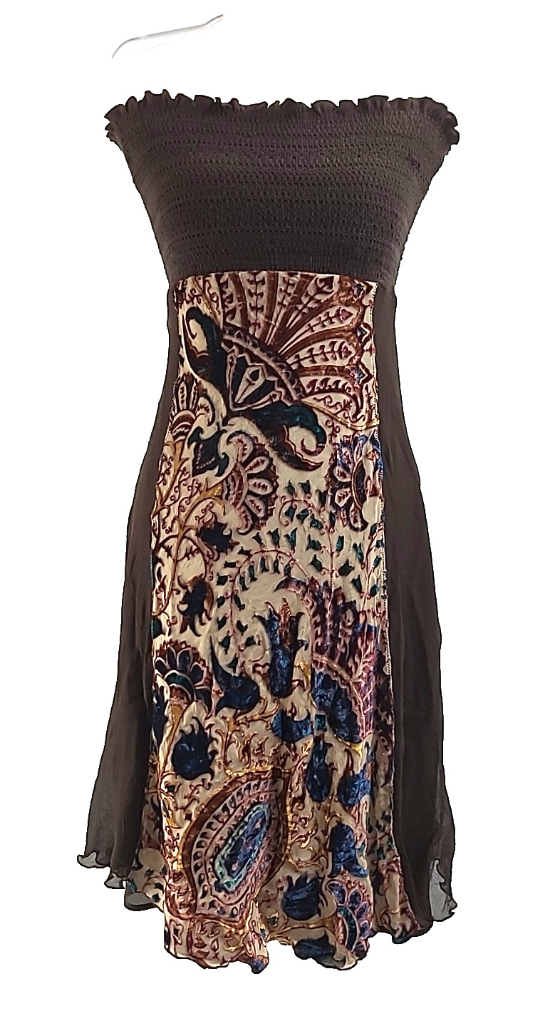 Vintage 100% Silk Smocked Dress Sz M Colorful Velvet Burnout
