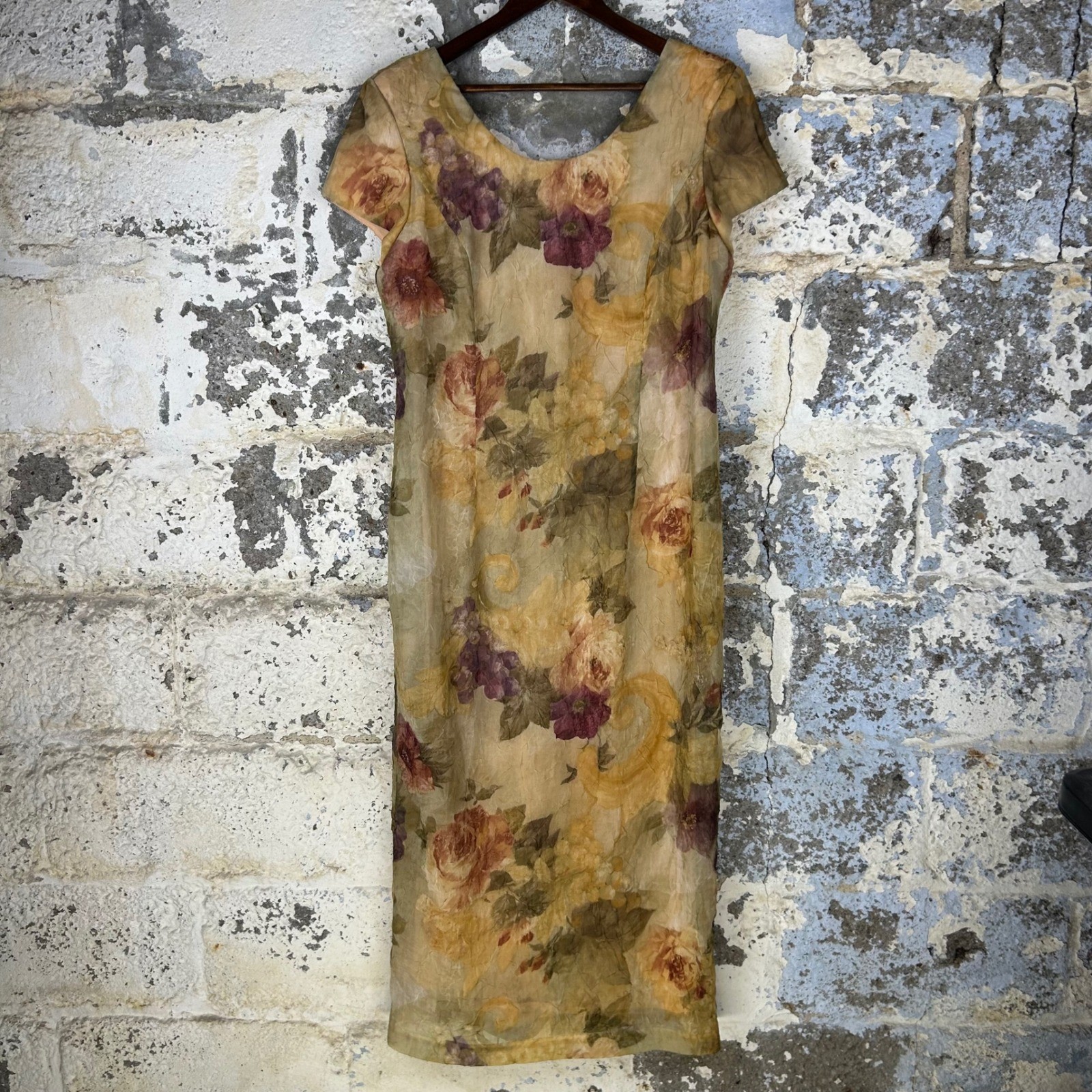 Vintage Virgo II Floral Sheath Dress Gold Purple Crinkle Midi Made in USA