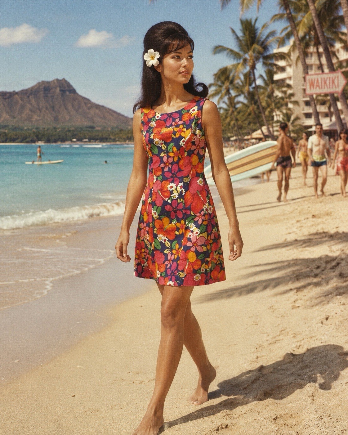Vintage 60s Ui-Makai Fluorescent Retro Hibiscus Hawaiian Dress Medium
