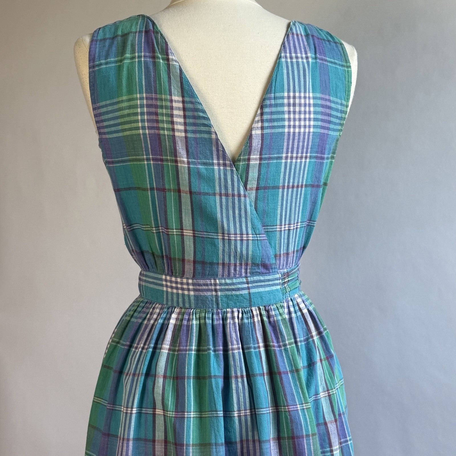 Vintage Cotton Madras Plaid Wrap Dress by Britches Crossover V Back Size 4/6