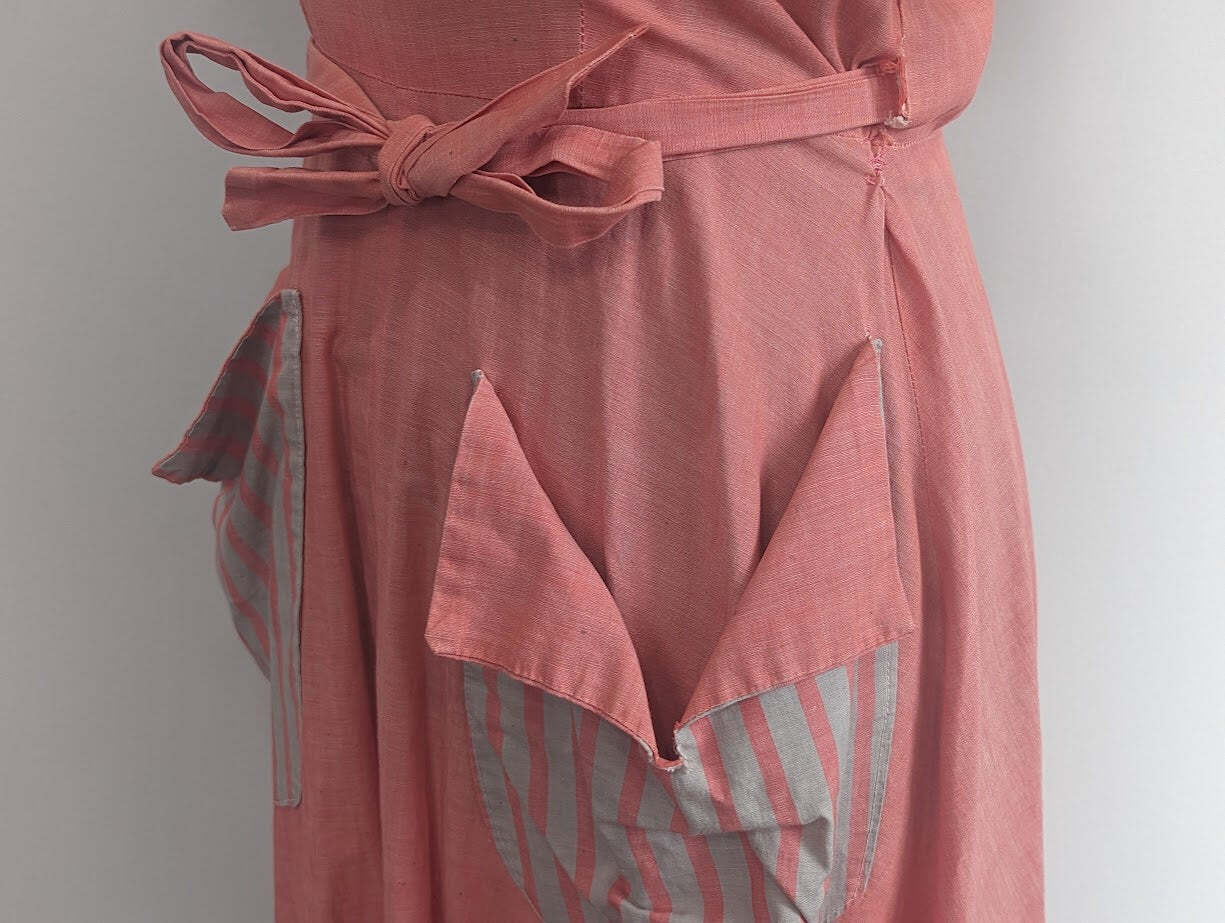 Vintage 1950s Pink Wrap Dress Gray Stripe Trim Jay Ann (B-39″ W-26″-30″ H-38″)