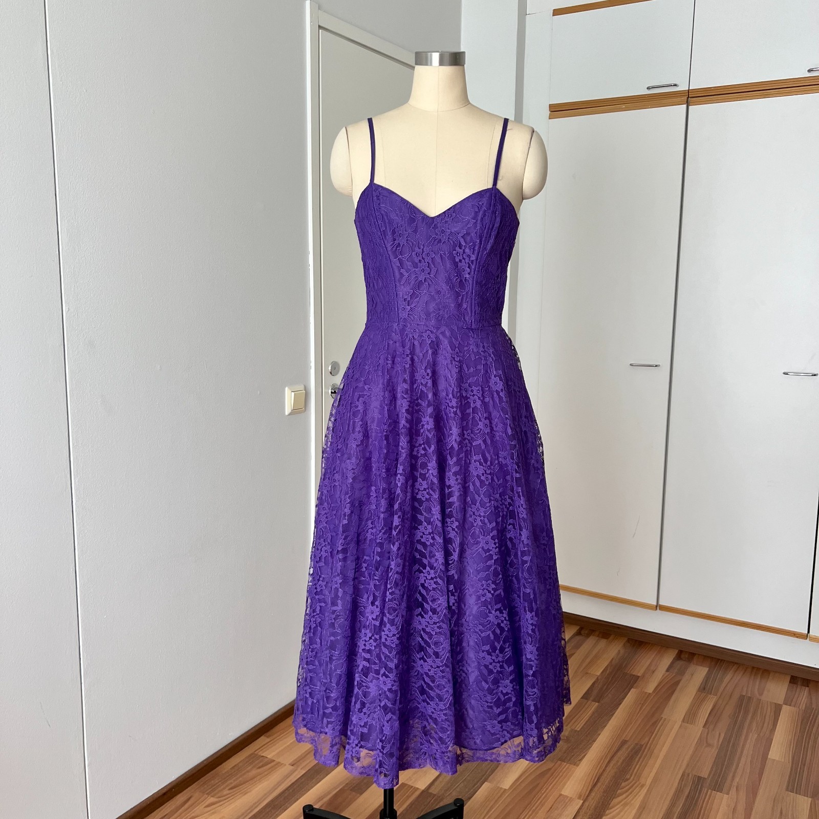 1980s Purple Lace Formal Dress Spaghetti Straps Cocktail Prom Party Fairy EU 38