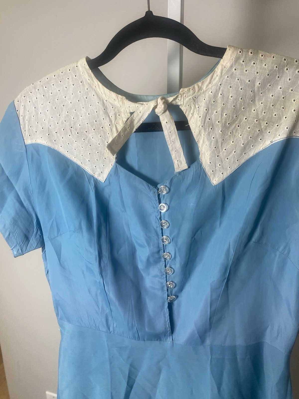 VTG 40’s Blue Dress With Islet Collar Button Front Handmade Waist-32