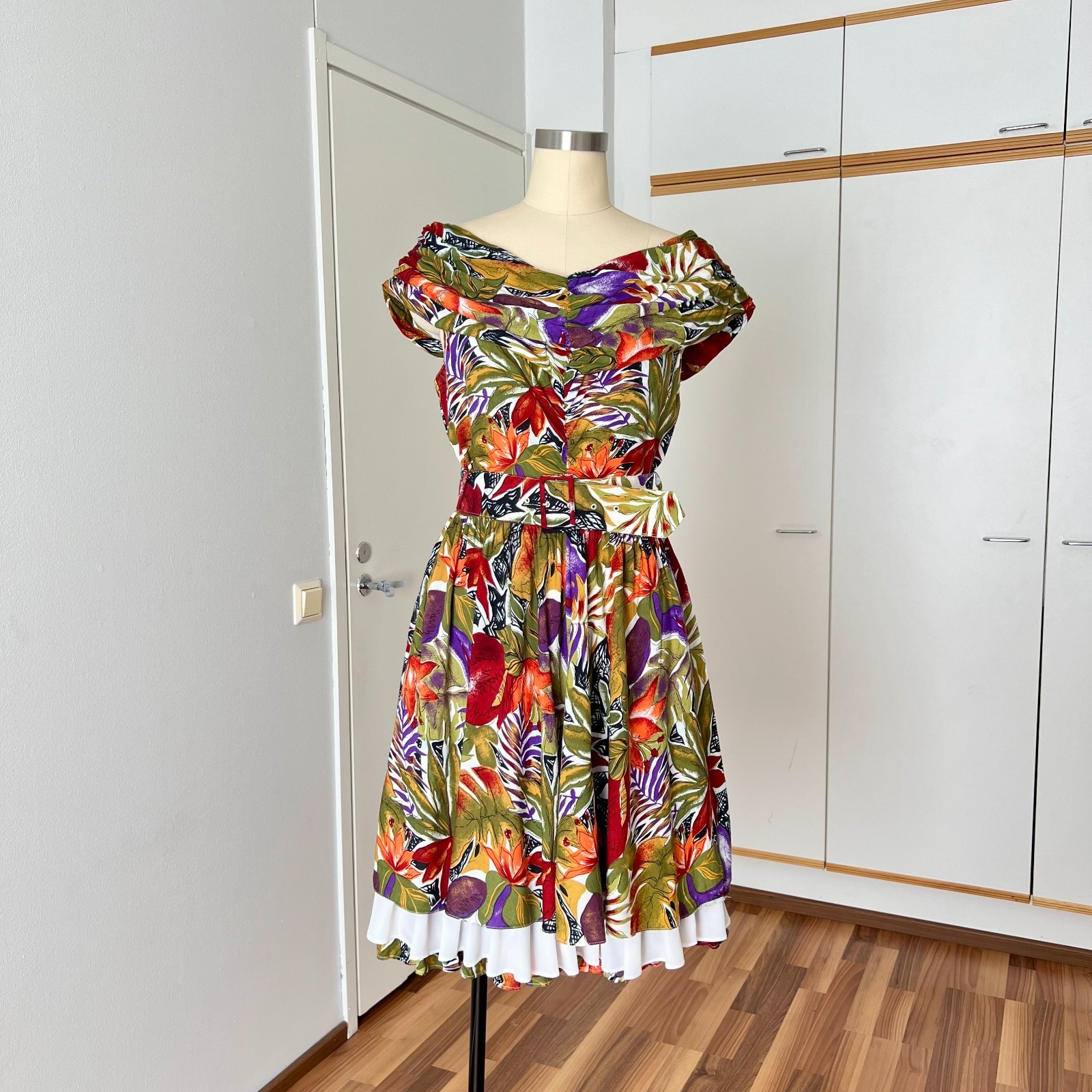 1980s YESSICA Floral Off Shoulder Dress Rockabilly Ruffle Hem Belted Aline Midi