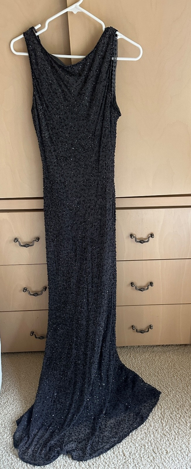 Vintage Stenay 100% Silk Fully Beaded Grey Maxi Dress 34-36″