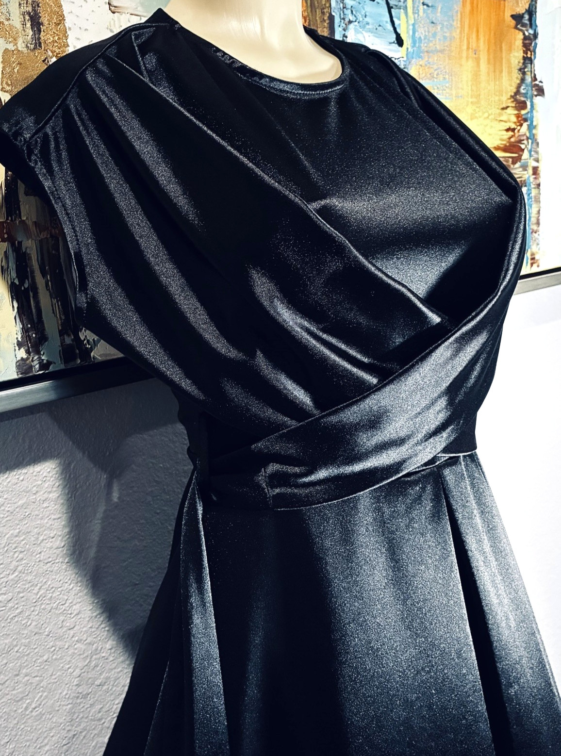 Vtg Black Shiny Spandex Wrap Front Long Dress S