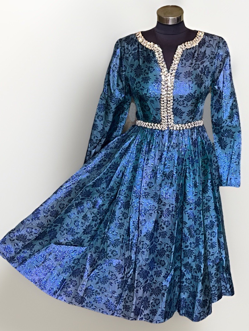 Vintage 50s 60s Blue Metallic Brocade Sequin Party Dress Evening Gown