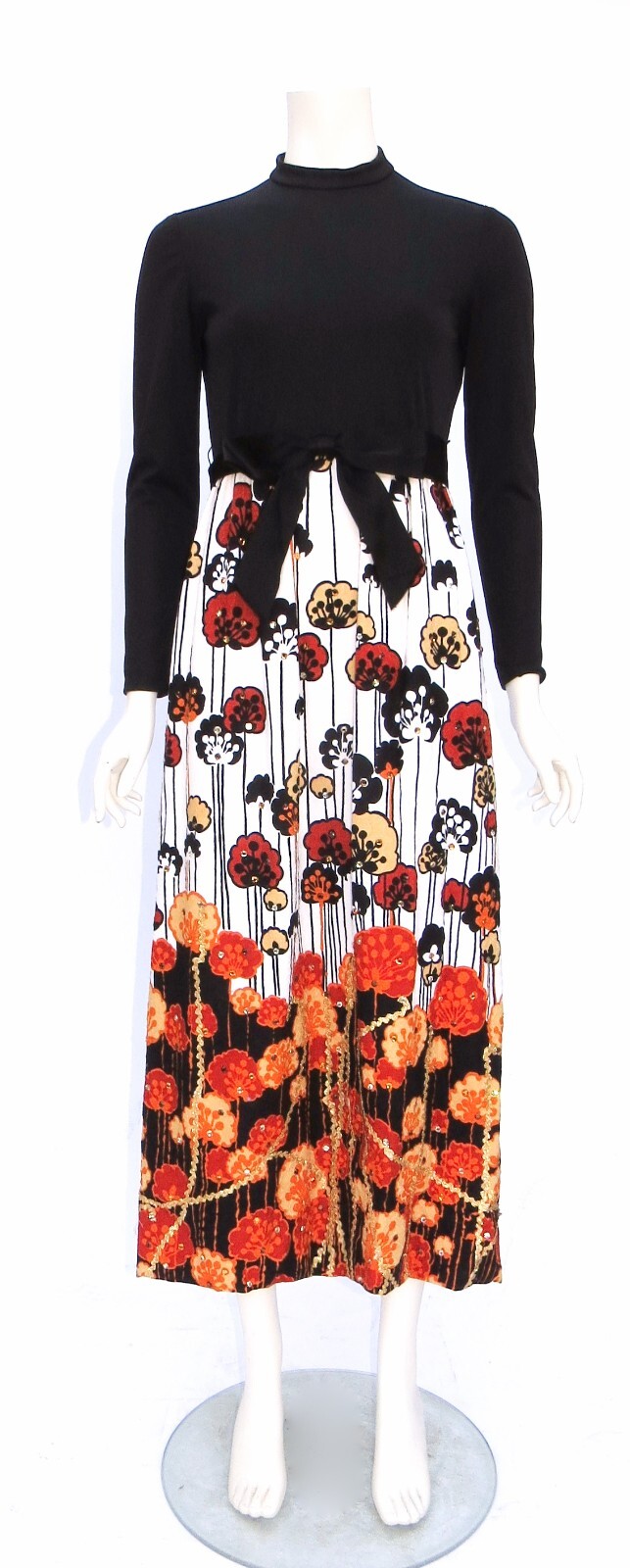 VTG 1960s Elinor Simmons MALCOLM STARR Floral Print ORANGE Rhinestone Dress XS/S