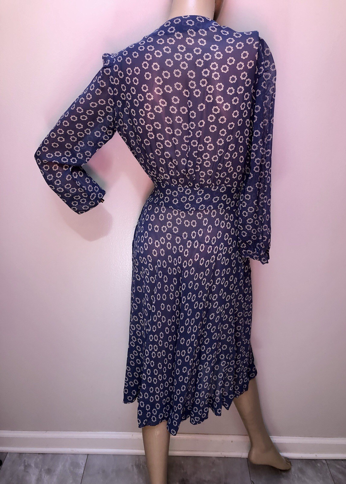 VTG 1940s Sheer RAYON Novelty CHAIN PRINT Wedgwood Blue SURPLICE WRAP DRESS