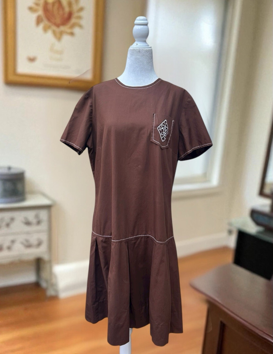 Vtg 80s does 1920s Dress Chocolate Art Deco Fleur-de-lis French Royal Sz 38 W