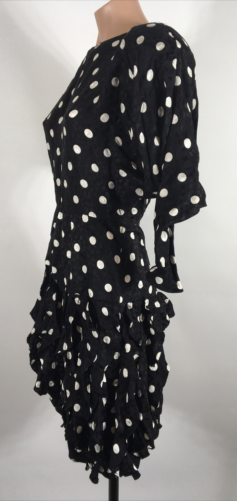 Vtg 80s Gillian Ruffle Blouson Dress Polka Dot Silk Drop Waist Cocktail sz 2