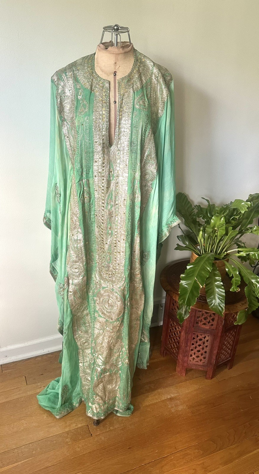 Ethereal Vintage Mint Green Kaftan With Heavy Metallic Gold Embroidery