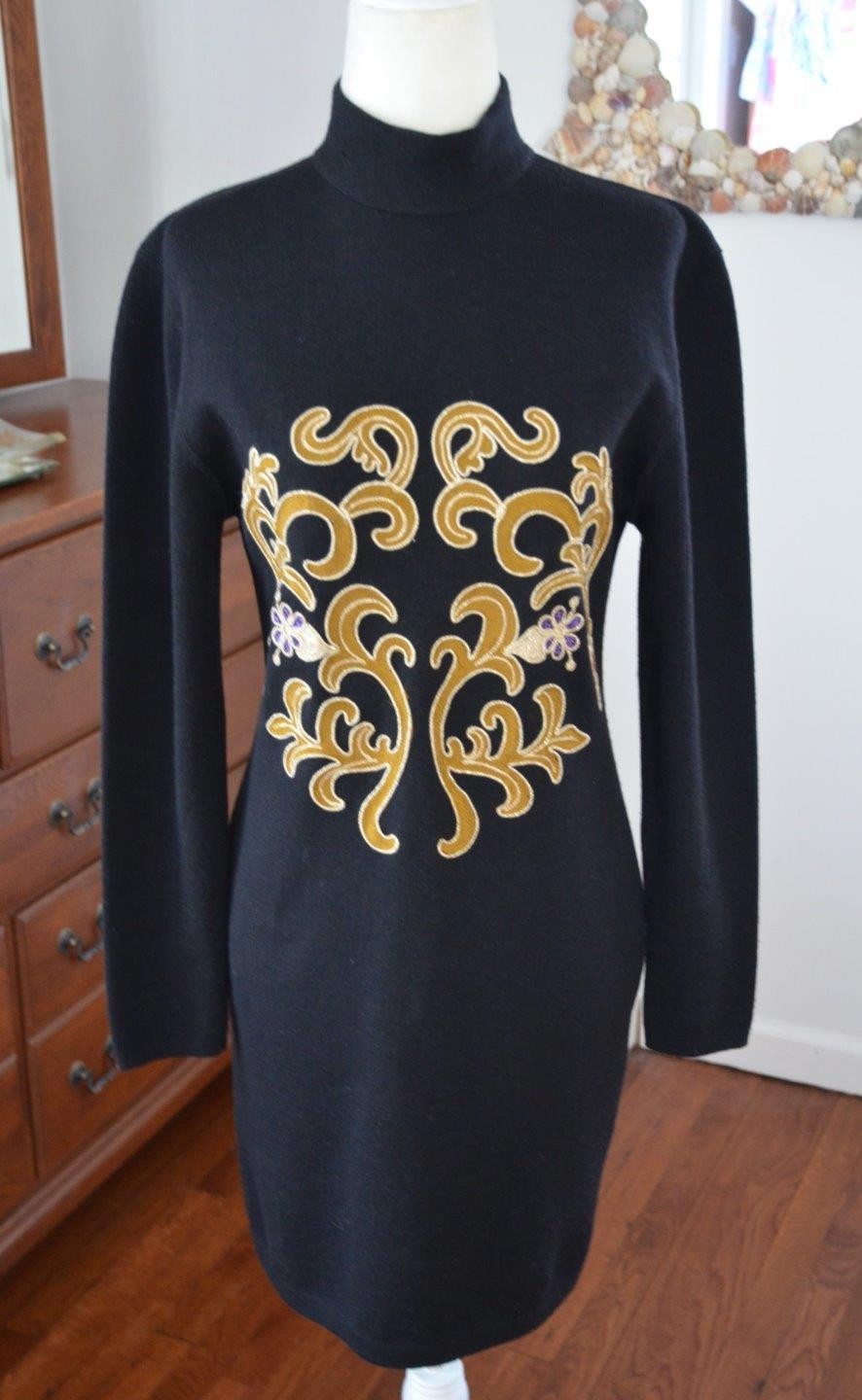 Vtg 80’s Designer ROGER SAKOUN Paris Black Santana Knit & Metallic Mini Dress S