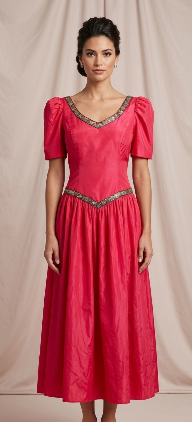 Vintage 1980s Pink Satin Puff Sleeve Formal Dress Size 13 / 14