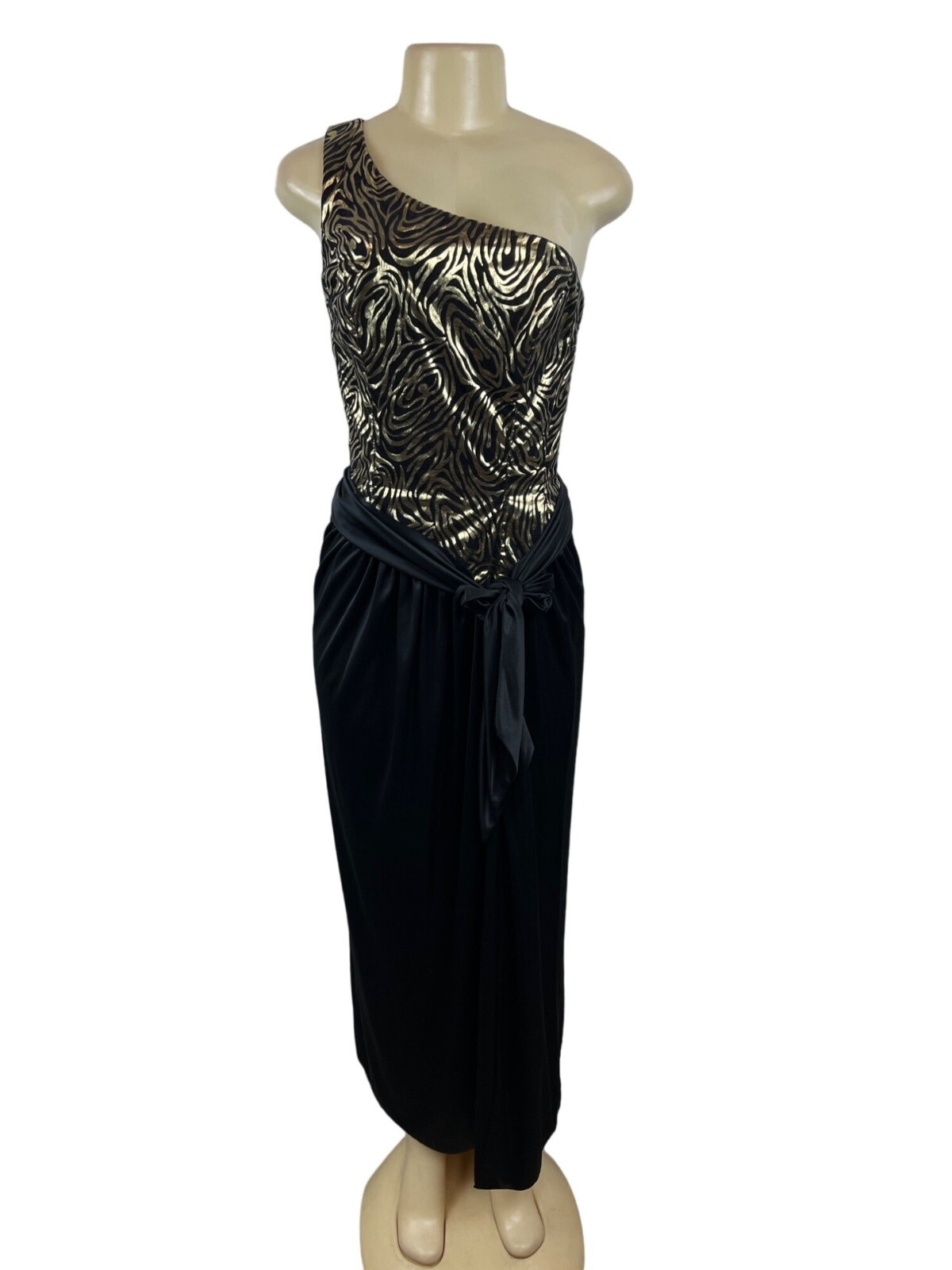 Vintage One-Shoulder Metallic Zebra Print Dress With Black Skirt & Tie Waist Siz