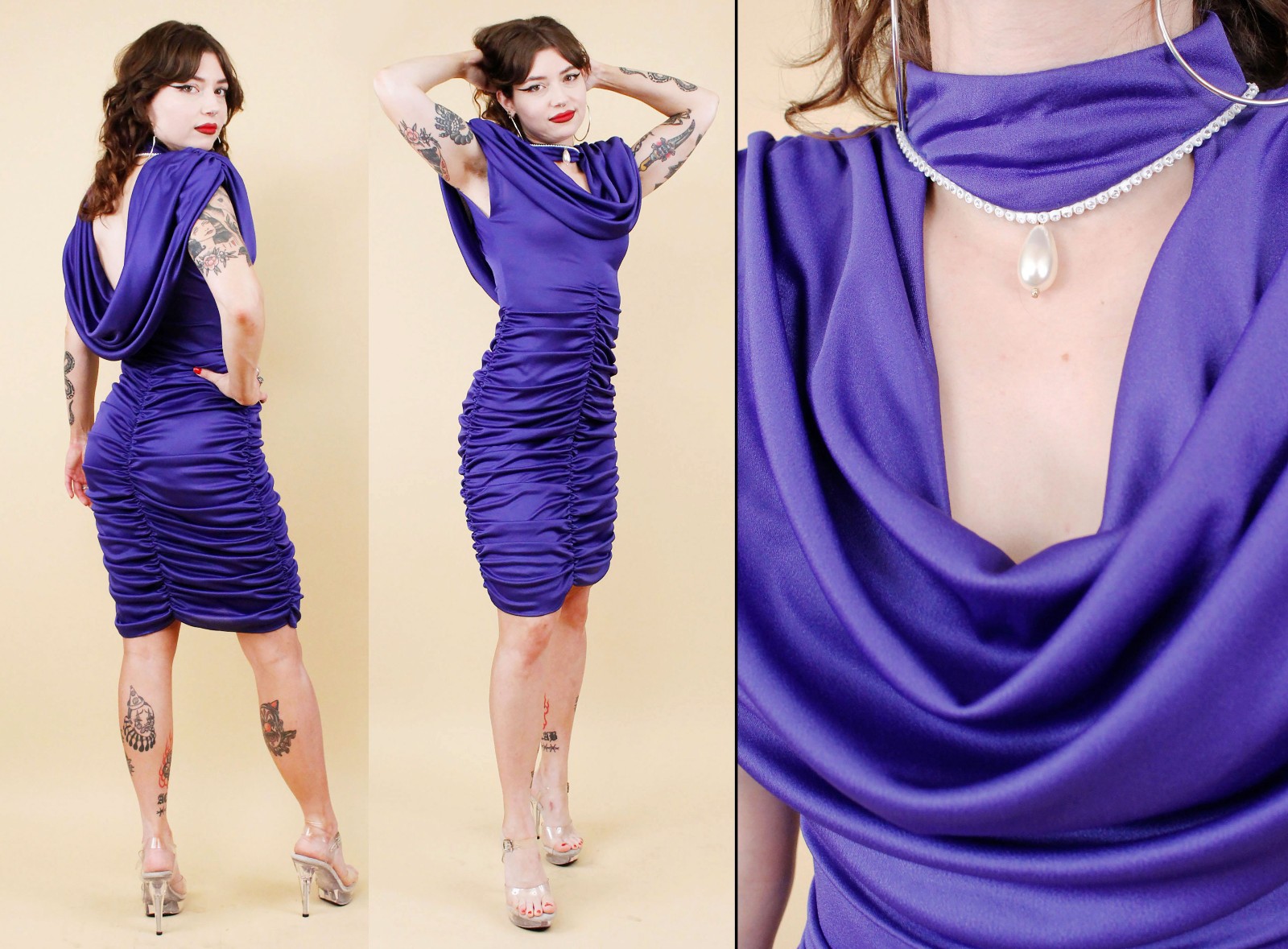 80s Vtg Climax Karen Okada Mini Dress Blue Ruched Pearl Choker Sequin XS