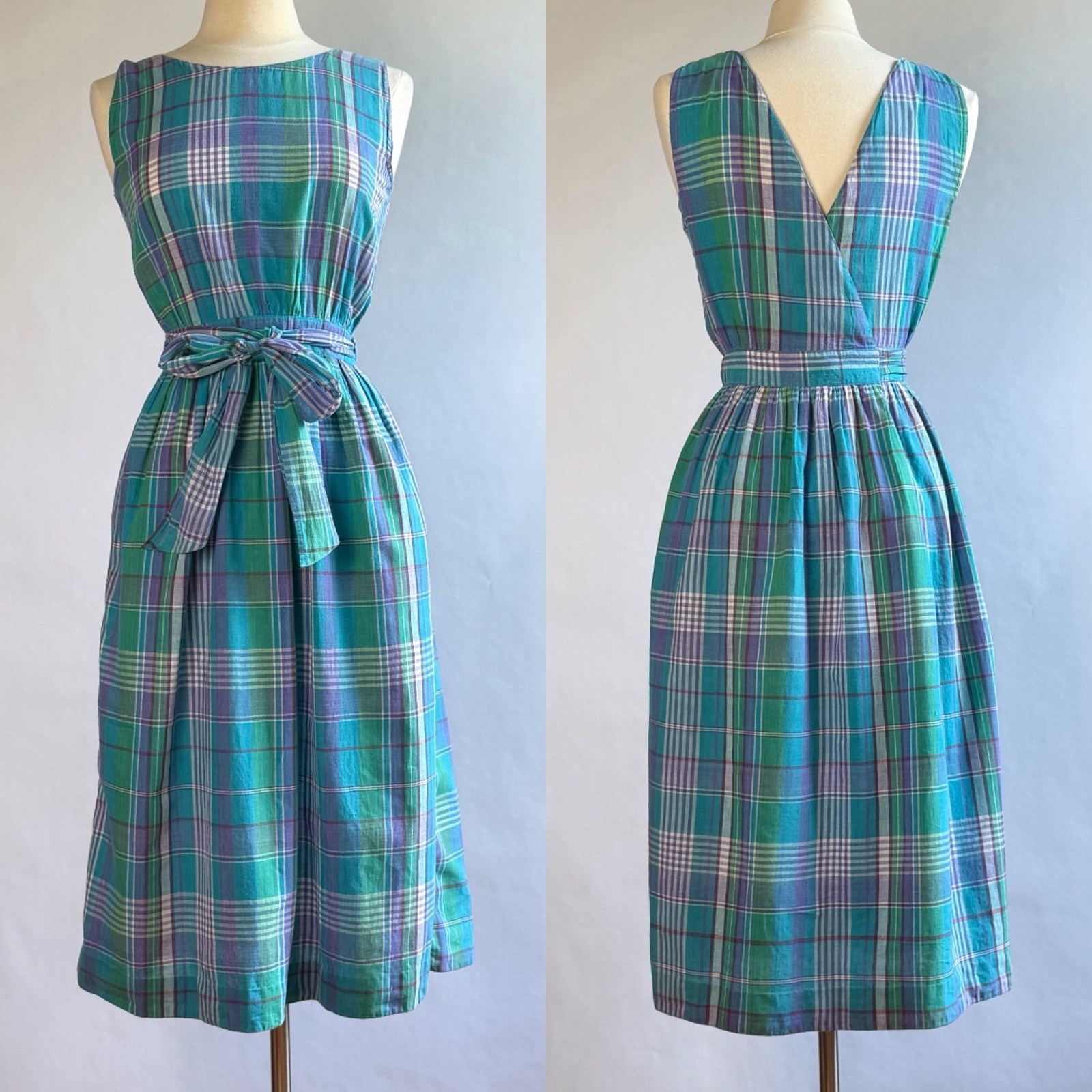 Vintage Cotton Madras Plaid Wrap Dress by Britches Crossover V Back Size 4/6