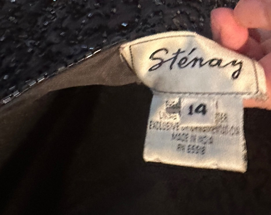 Vintage Stenay 100% Silk Fully Beaded Grey Maxi Dress 34-36″