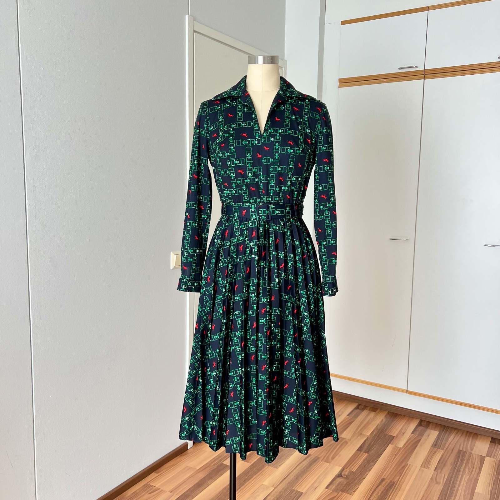 1970s Abstract Print Long Sleeves Pleated Midi Day Dress Aline Retro Mod EU 38