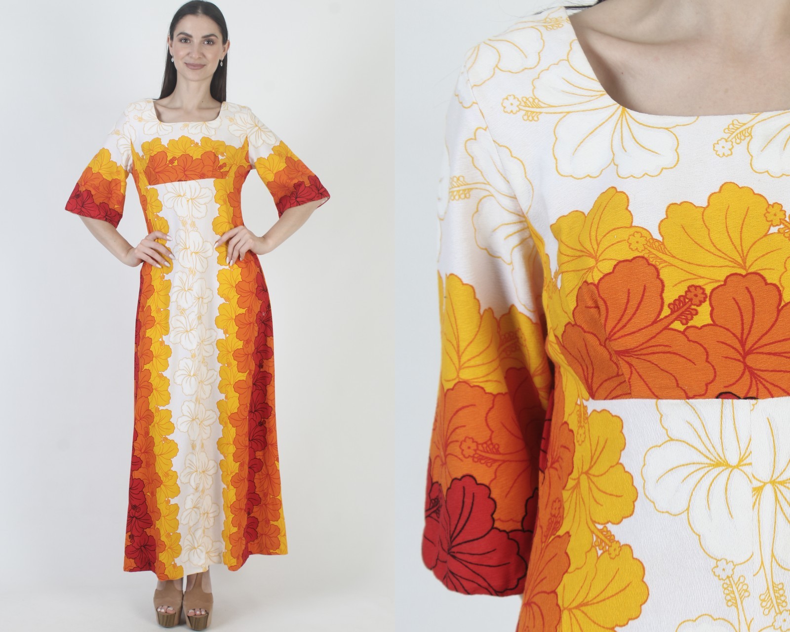 Vtg 60s Ui Maikai Hawaiian Dress Tiki MCM Cotton Barkcloth Luau Hawaii Sundress