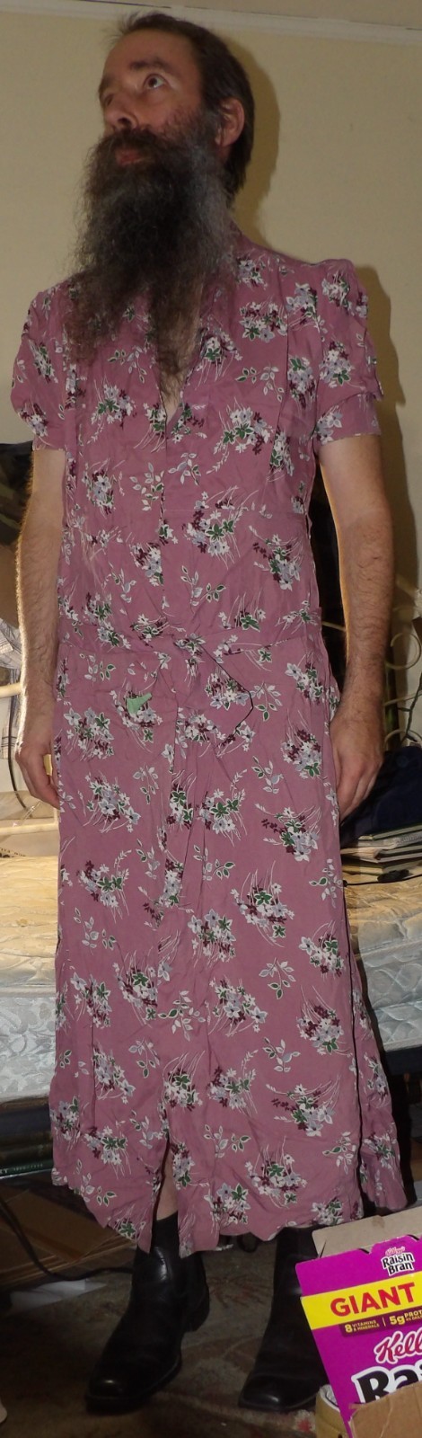 Vtg 1940s Wrap Dress Hooverette Pink Floral 60″ Tall Padded Shoulders